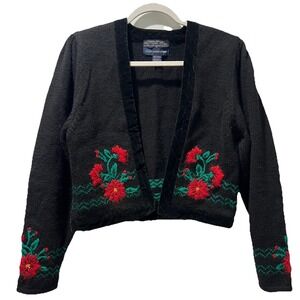 Herman Geist Vtg Floral Cardigan Sweater Women Size M Wool Embroidered Holiday